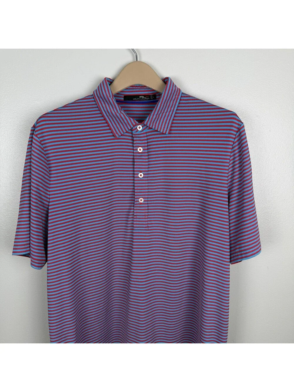 RLX Ralph Lauren Golf Polo Shirt Mens Large Blue Red Striped Performance